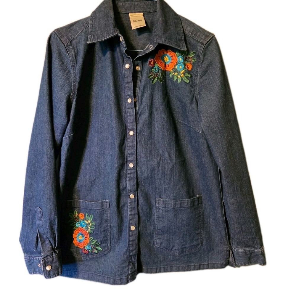 Vintage 90s Blair Denim Embroidered Floral Shacket Cottagecore Grannycore Boho